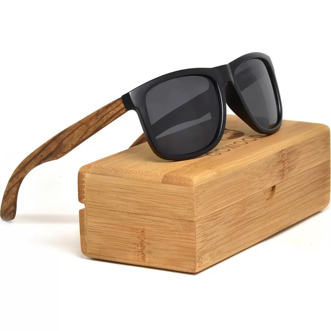 Square zebra wood sunglasses with Black polarized lenses