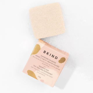 BKIND Tea Tree & Peppermint shampoo bar for coloured or white hair – vegan, colour-safe, Made in Canada solid shampoo in recyclable FSC-certified packaging.