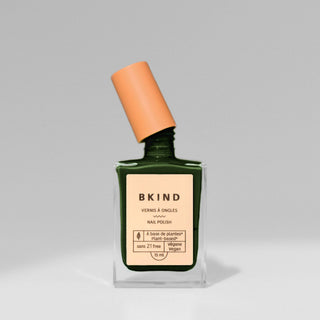 BKIND En Beau Fusil dark forest green nail polish – vegan, 21-FREE, cruelty-free, Made in Canada eco nail polish in recyclable glass bottle.
