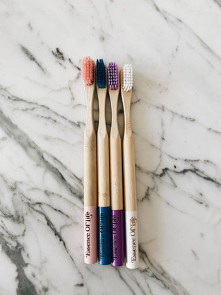 Pink Biodegradable Bamboo Toothbrush with a 100% moso bamboo handle and plant-based castor oil medium bristles for sustainable everyday oral care.