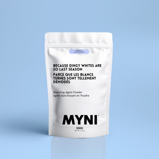 Myni Bleaching Agent Powder, ultra-concentrated chlorine-free laundry booster that brightens whites, removes stains and refreshes fabrics with biodegradable ingredients.