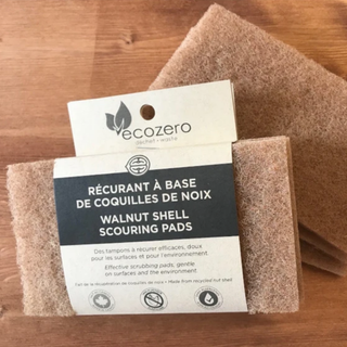 Eco Loco Canadian-made walnut scouring pads crafted in Quebec from recycled Grenoble walnut shells, reusable natural scourers for everyday household cleaning.