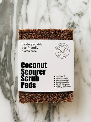 Coconut Scourer Scrub Pads made from coconut husk and natural tree rubber, plastic-free and compostable non-scratch cleaning pads, pack of 2.