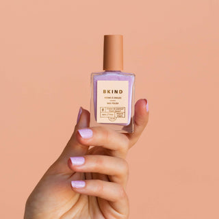 BKIND Wonderland lilac nail polish with white matte pastilles – vegan, 21-FREE, cruelty-free, Made in Canada eco nail polish with subtle hoarfrost finish in recyclable glass bottle.