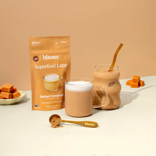 ALL ECO x Blume Salted Caramel Superfood Latte Blend — vegan, organic, sweet and salty latte mix made in Canada with mesquite and maca powder.