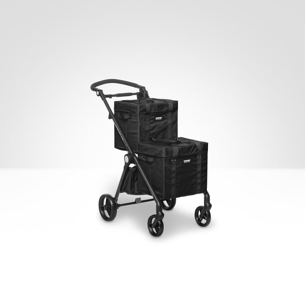 Black ergonomic foldable grocery cart with reusable shopping bins on a white background