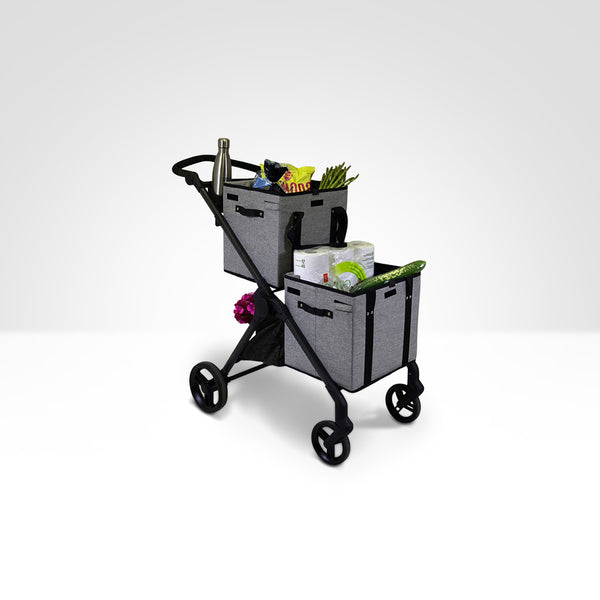 Multifunctional cart with storage bins filled with 70 lbs of groceries front swivel wheels