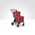 Red folding shopping cart with two reusable grocery bags on a white background