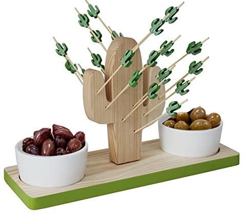 Maison Plus–Cactus Wooden Appetizer Serving Platter Tray with Bamboo Picks, Pick Holder, and Ceramic Bowls