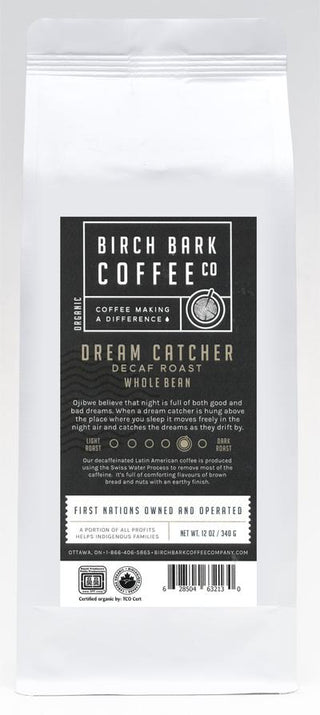Birch Bark Coffee Co — Organic Wholebean Coffee — Dream Catcher Swiss Water Decaf, Med/Dk Roast (340g)