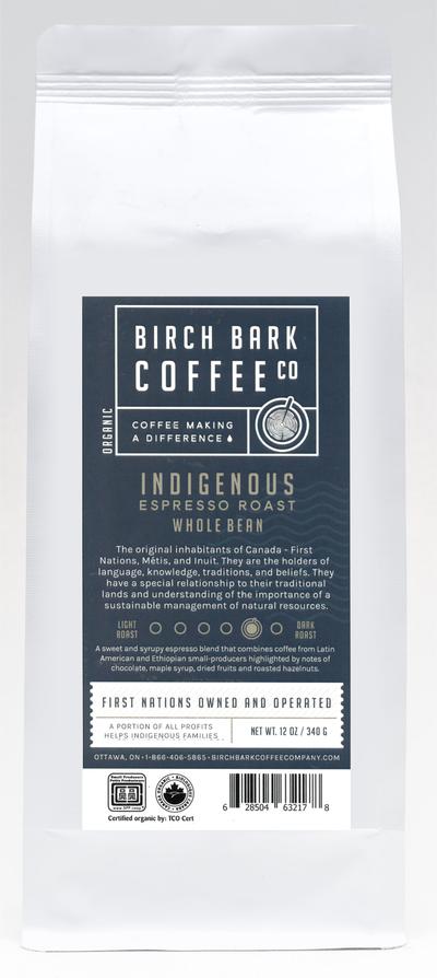 Birch Bark Coffee Co — Organic Wholebean Coffee — Indigenous Espresso, Med/Dk Roast (340g)