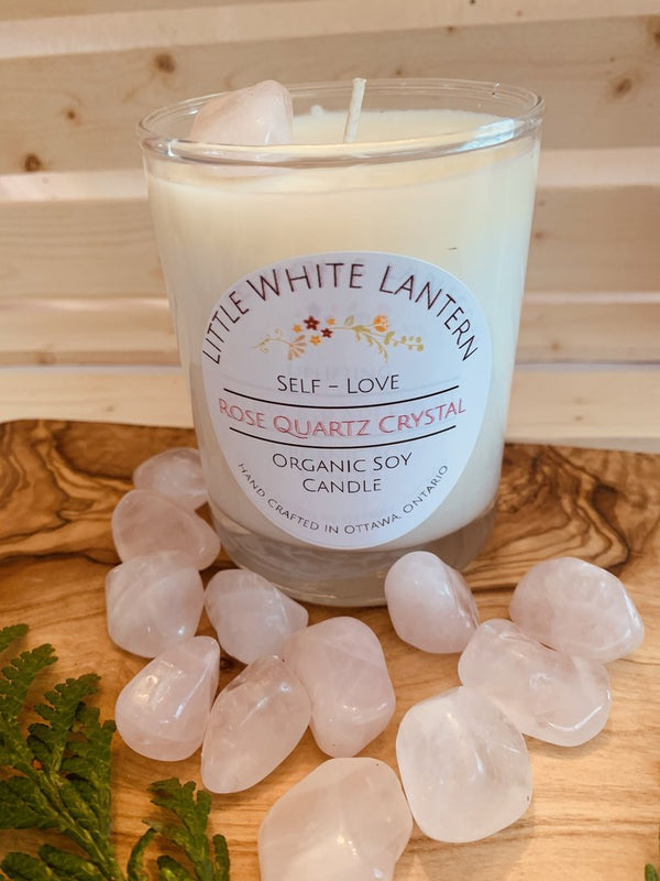 Little White Lantern–Crystal Healing Candle - Rose Quartz Crystal