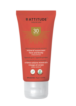 Face & Body Mineral Sunscreen SPF 30 - Unscented 75g - Attitude