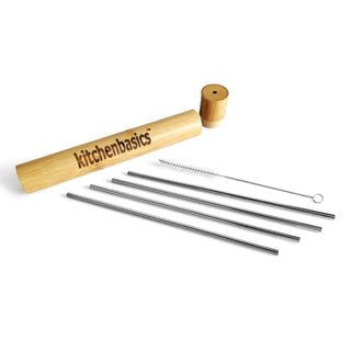 Kitchen Basics–7.5' Stainless Steel Straws with Bamboo Case & Cleaning Brush (4 Pack)